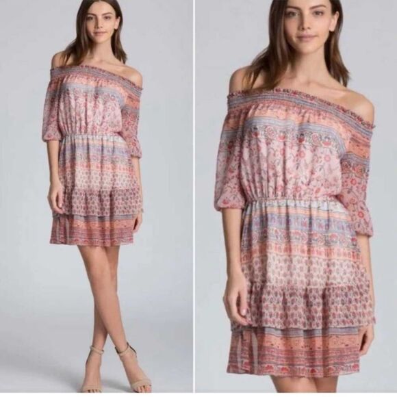 Shoshanna Silk Chiffon Boho Print Off the Shoulder Tiered Mini Dress 2‎ - Picture 1 of 5
